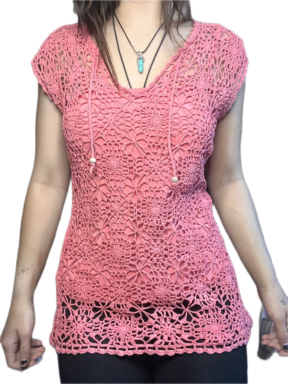 Y2K Blumind Coral Crochet Lined Tunic Tank Top Size M
